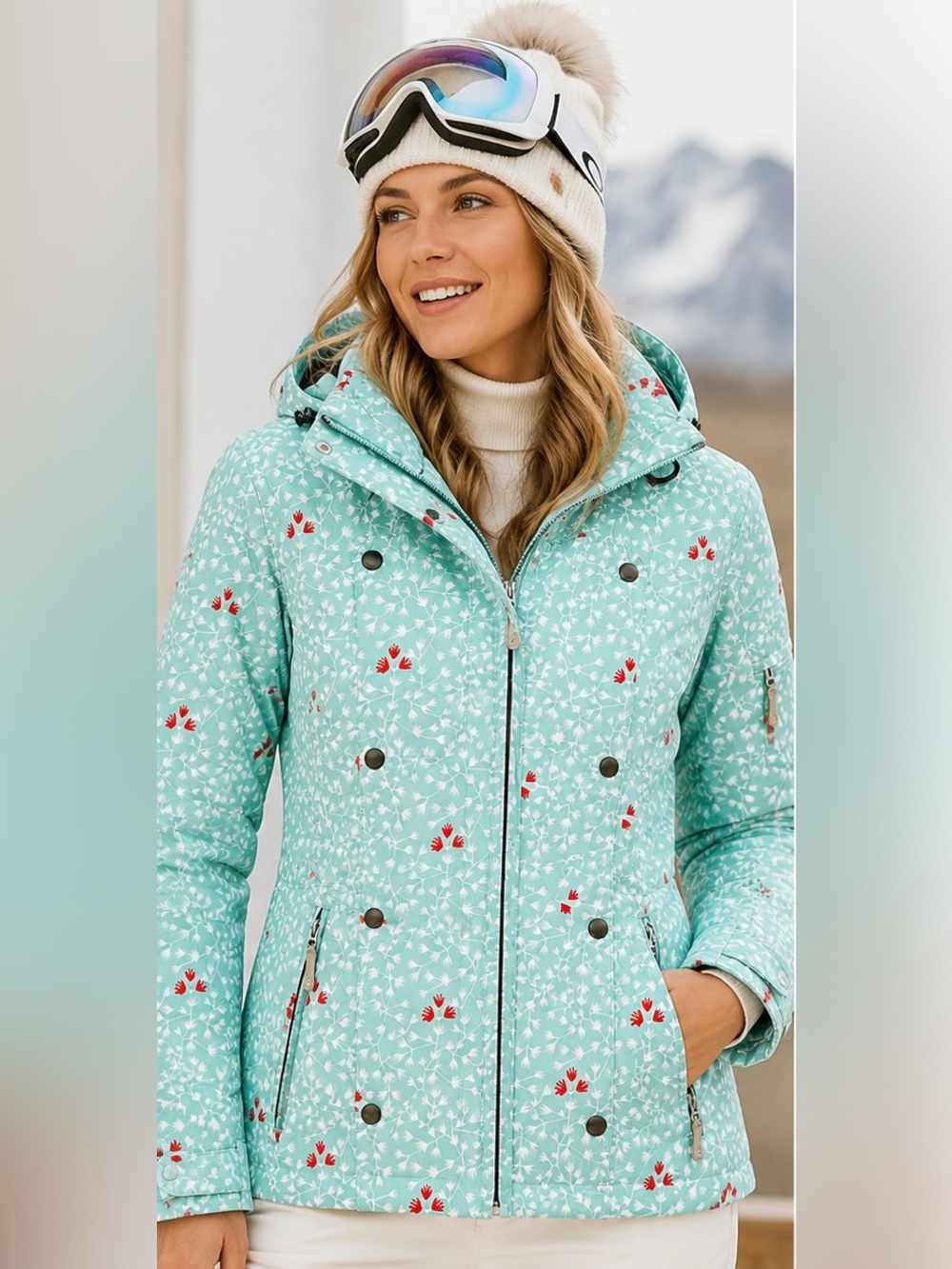 Mint Floral Quilted Hooded Jacket with Red Accents